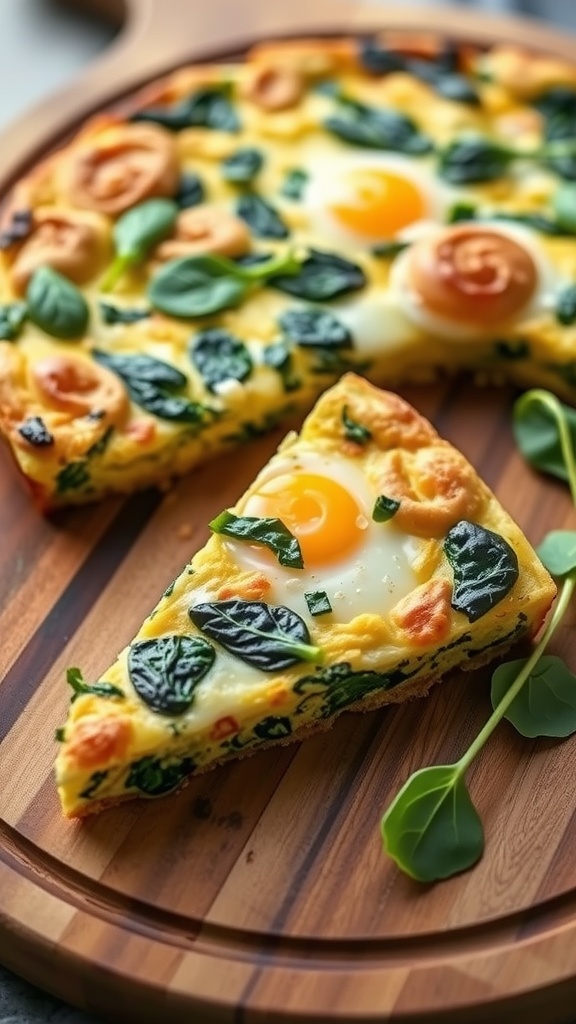 A slice of Keto Egg and Spinach Frittata on a wooden cutting board