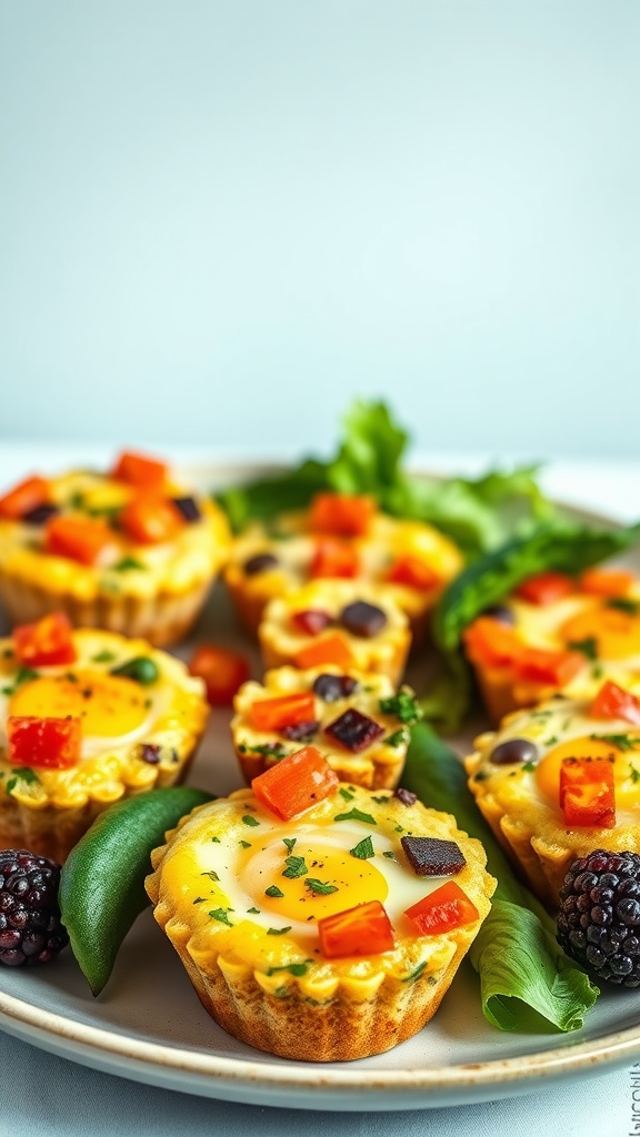 A plate of keto egg muffins with assorted vegetables, garnished with greens.