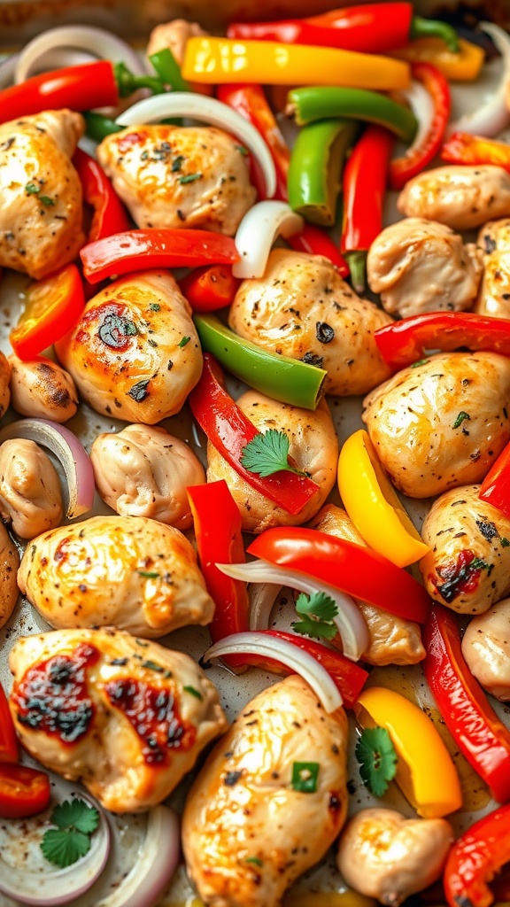 A vibrant plate of chicken fajitas with colorful bell peppers and onions.