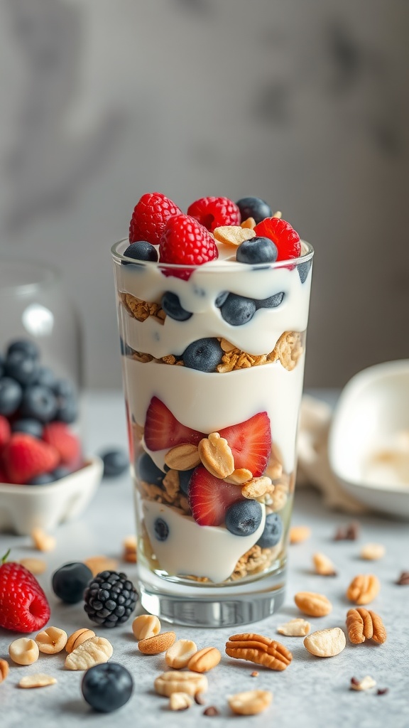 A layered yogurt parfait with berries and nuts in a glass.