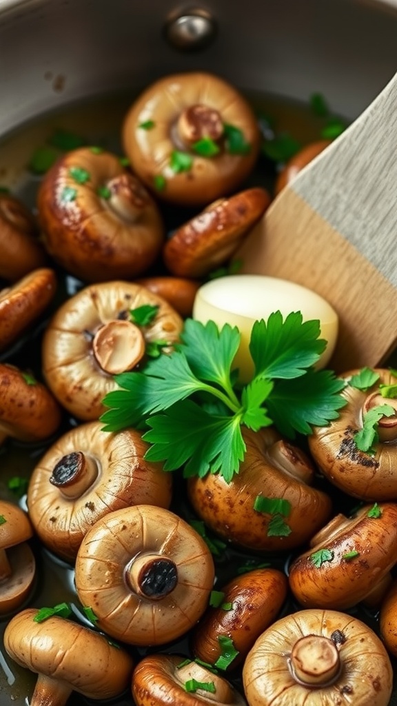 A close-up of sautéed mushrooms in garlic butter with fresh parsley