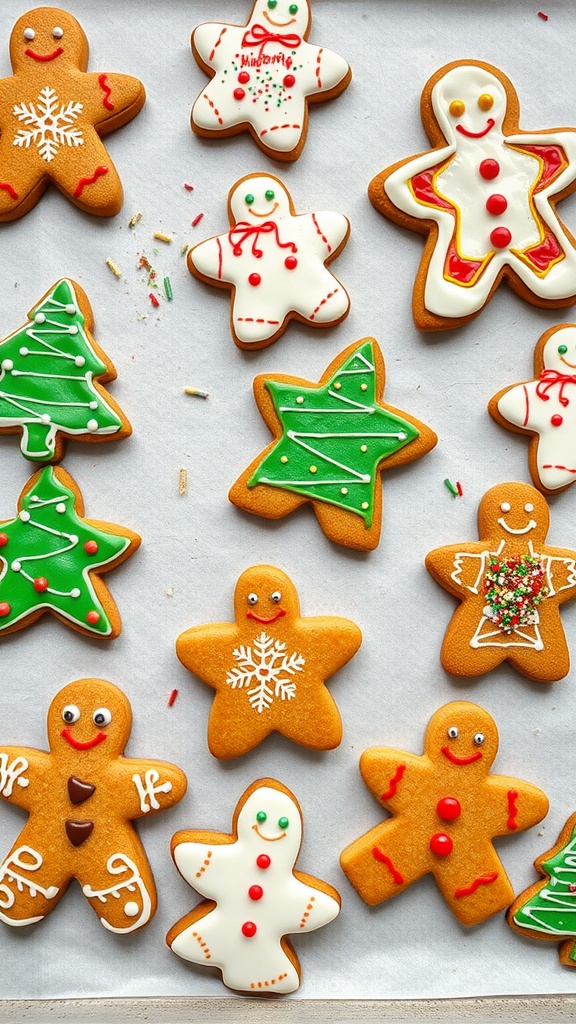 A variety of decorated keto gingerbread cookies in different shapes, including stars, Christmas trees, and gingerbread men.