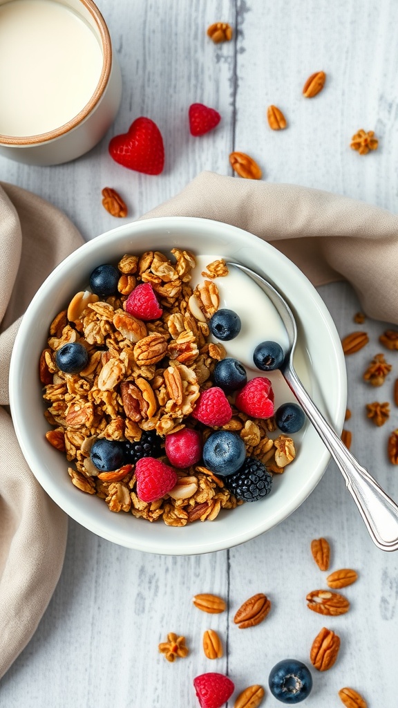 A bowl of granola topped with raspberries, blueberries, and blackberries, with a glass of milk on the side.