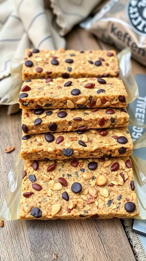 Keto granola bars stacked on a rock in a forest setting