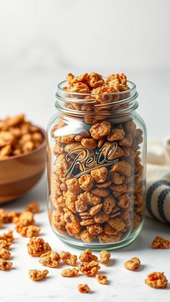 A jar filled with keto granola clusters, showcasing their crunchy texture.