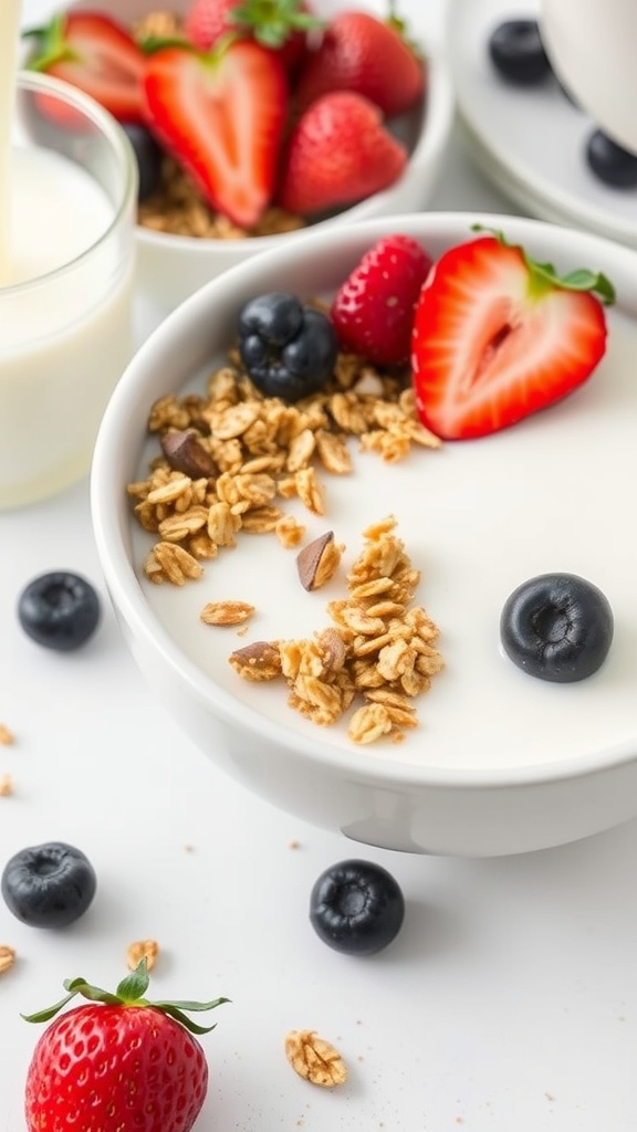 A bowl of keto granola topped with berries and yogurt.