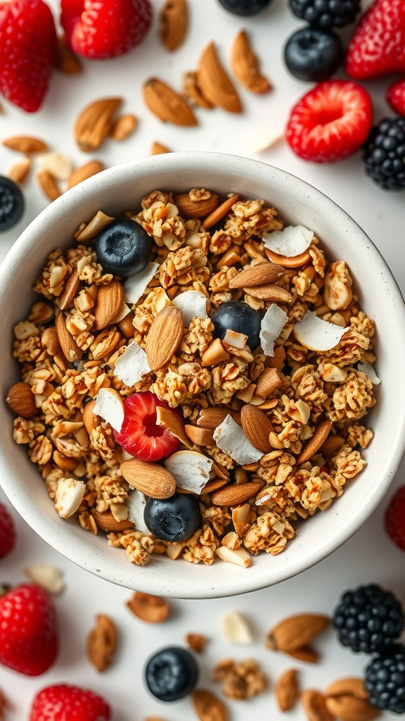 A bowl of keto granola with almonds, topped with colorful berries.