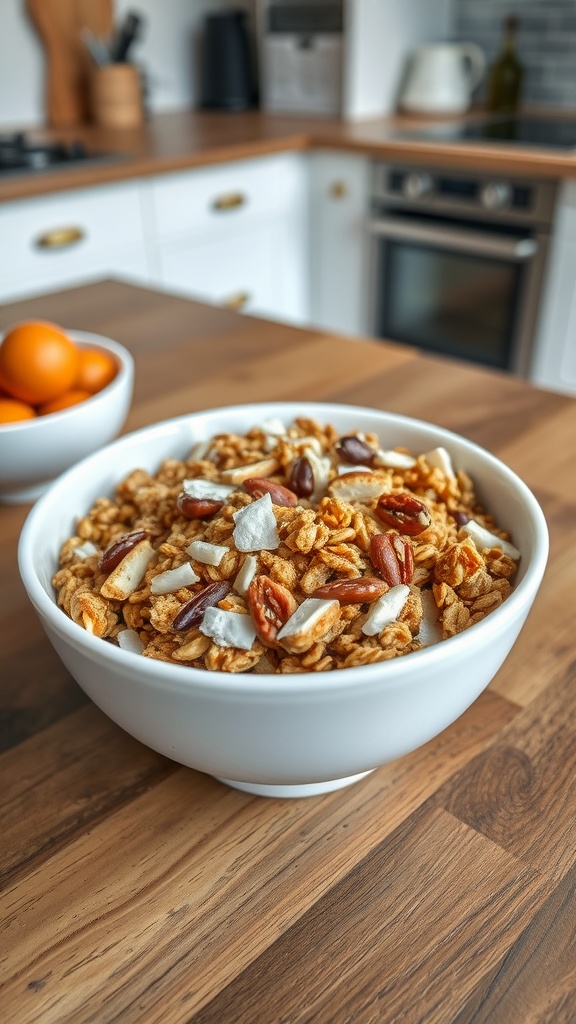 A bowl of keto granola with coconut and nuts on a wooden table.