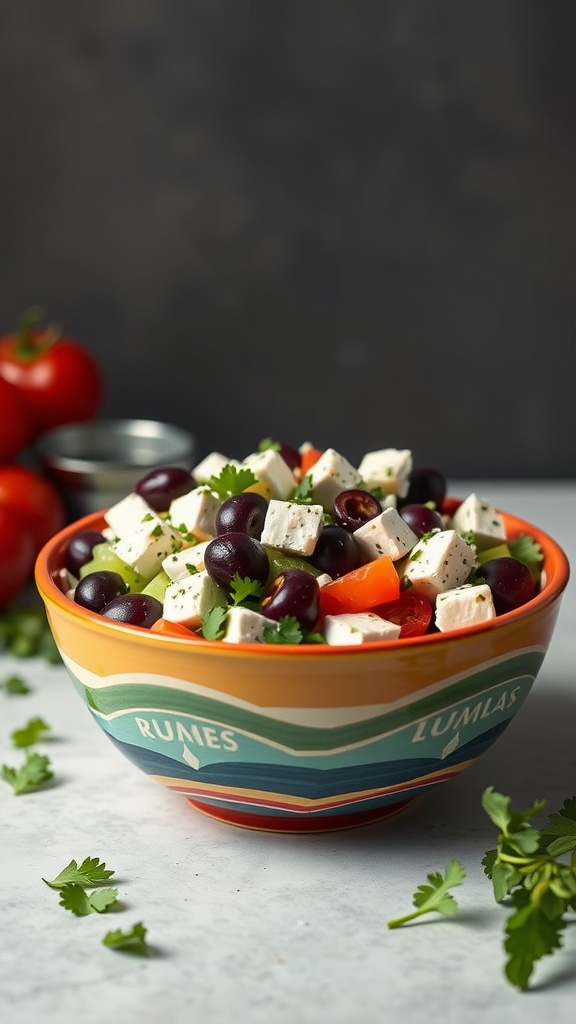 A vibrant bowl of Keto Greek Salad with cucumbers, tomatoes, olives, and feta cheese.