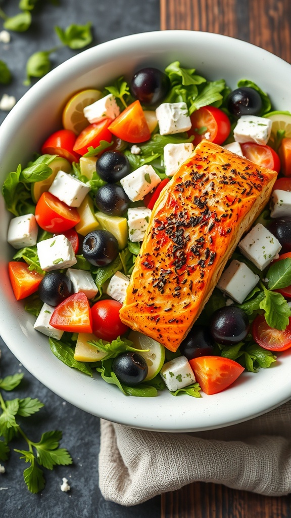 A delicious Keto Greek Salad with grilled salmon, featuring greens, tomatoes, olives, and feta cheese.