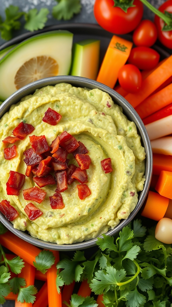 A bowl of guacamole topped with crispy bacon surrounded by fresh vegetables.