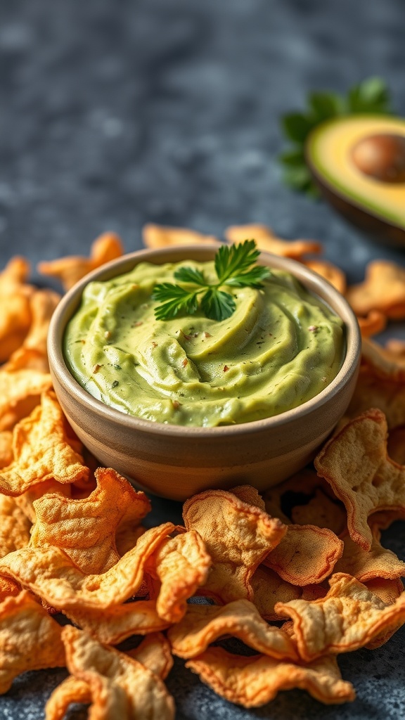 Bowl of guacamole surrounded by pork rinds with a sprig of cilantro on top.