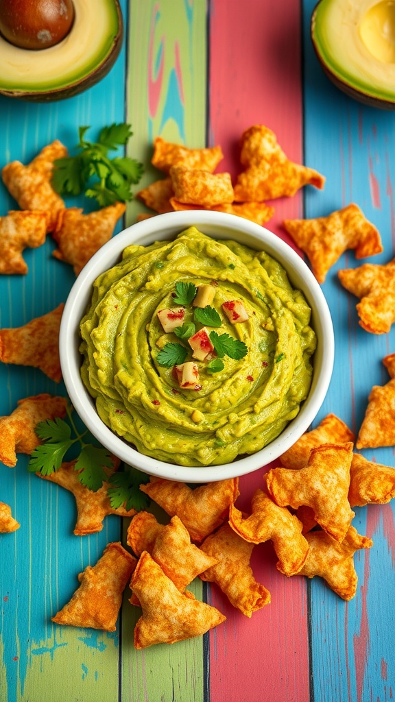 A bowl of green guacamole surrounded by pork rinds on a colorful wooden surface.