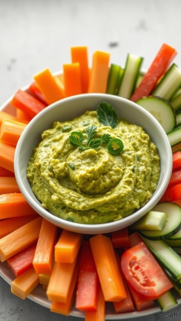 A bowl of guacamole surrounded by colorful veggie sticks