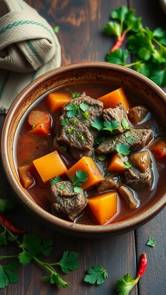 A bowl of Keto Irish Beef Stew with beef chunks and colorful vegetables, garnished with fresh herbs.