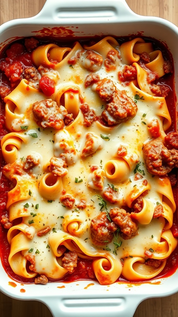 A close-up view of keto lasagna with almond flour noodles, featuring layers of meat, cheese, and marinara.