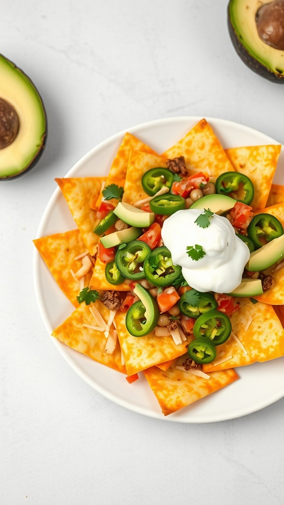 Plate of keto loaded nachos topped with jalapeños, sour cream, and avocado slices.