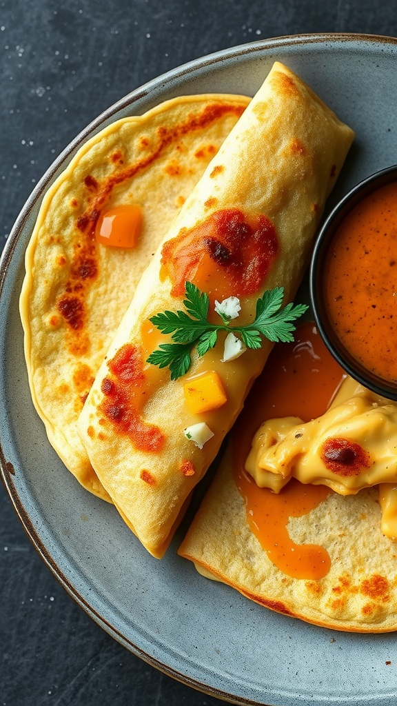 A plate with crispy masala dosa filled with cheese, served with chutney.