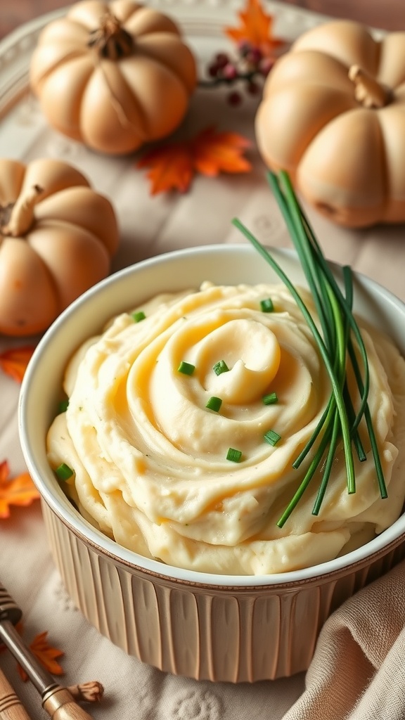 A bowl of creamy mashed turnips garnished with chives, surrounded by decorative pumpkins and fall leaves.