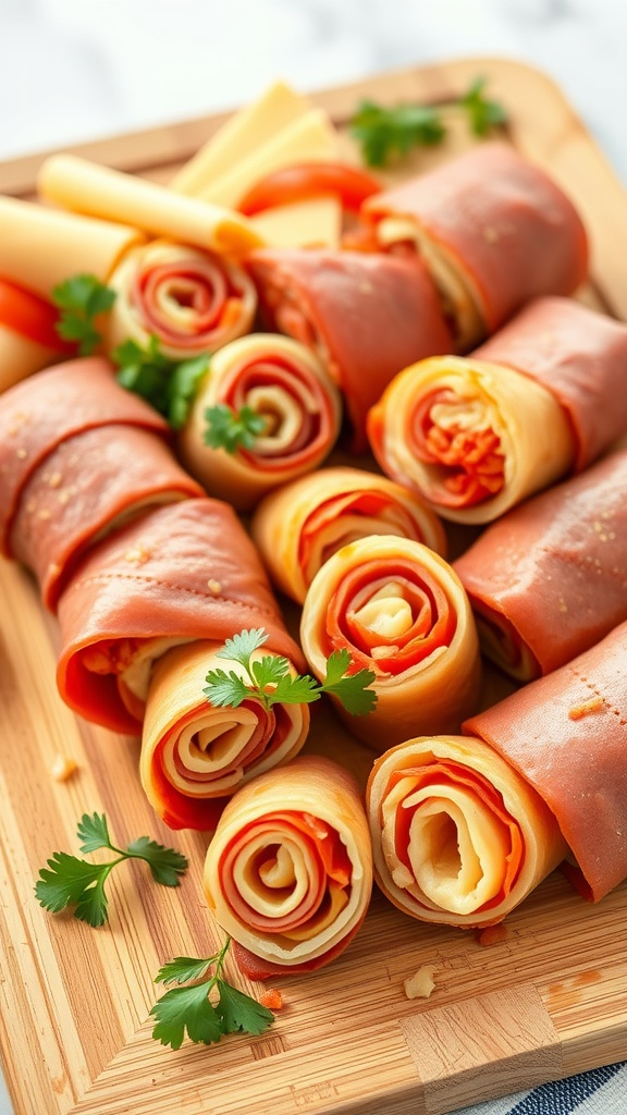 Keto meat and cheese roll-ups on a wooden platter with fresh herbs.