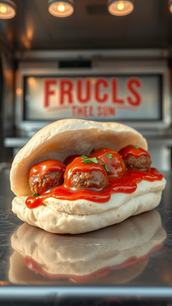 A delicious meatball sub on cloud bread with sauce and herbs, showcased in a food truck setting.