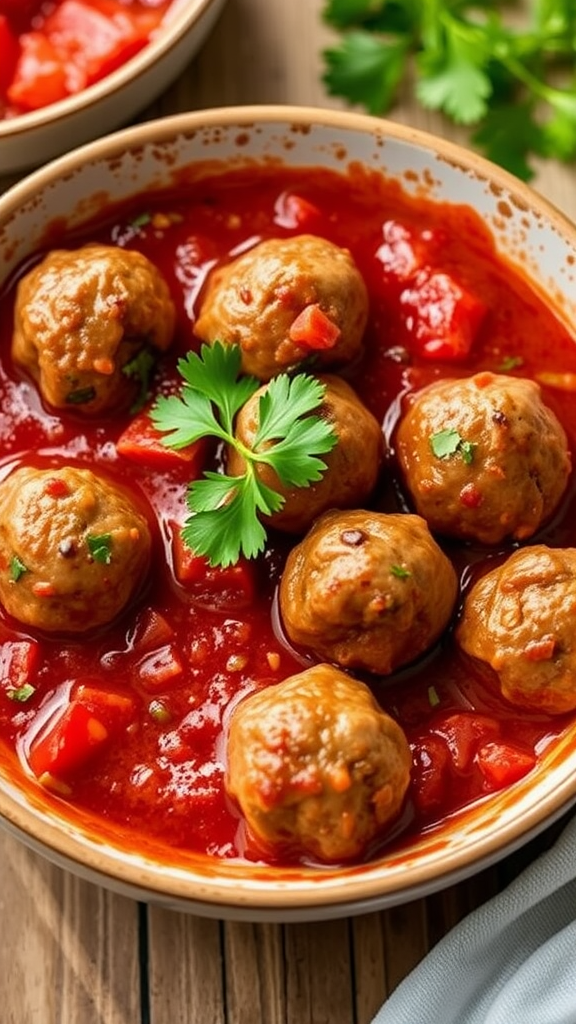 A bowl of keto meatballs in marinara sauce garnished with parsley.