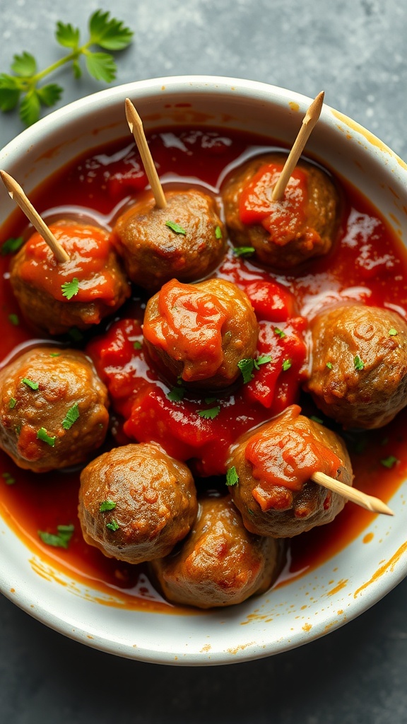 A bowl of meatballs in marinara sauce with toothpicks for serving.