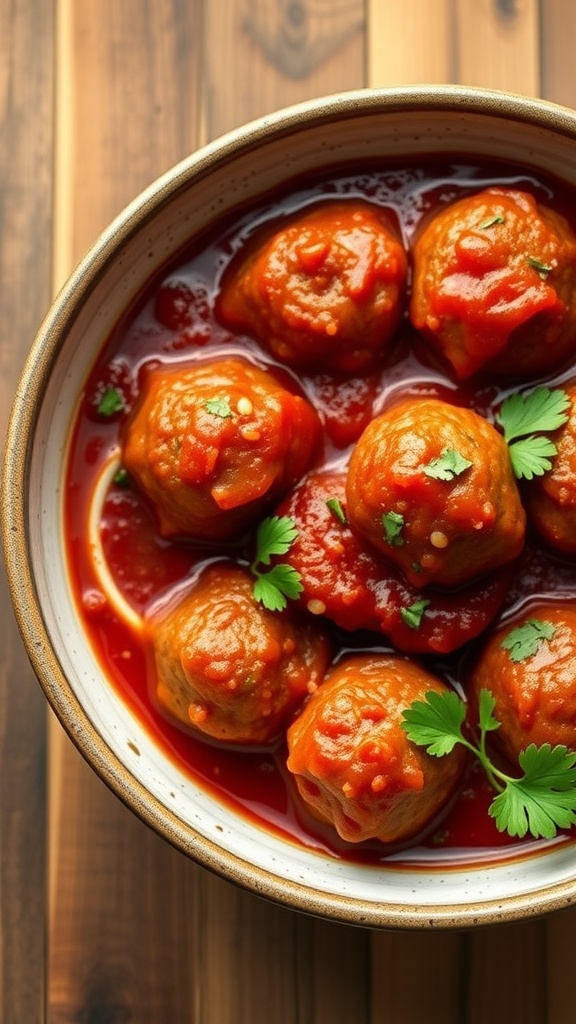 A bowl of keto meatballs in marinara sauce garnished with parsley.