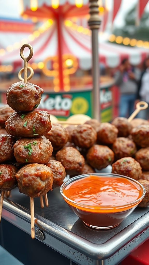 A stack of keto meatballs on a stick with a bowl of dipping sauce