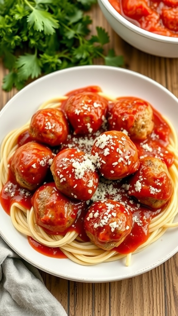A plate of keto meatballs covered in marinara sauce and served with spaghetti.