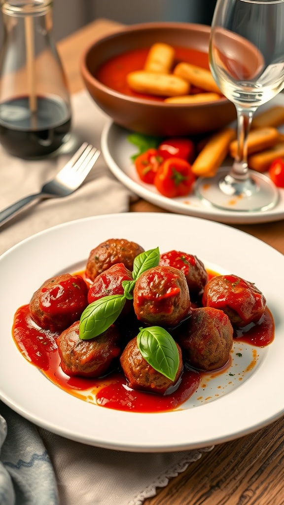 Delicious keto meatballs served with marinara sauce on a white plate.