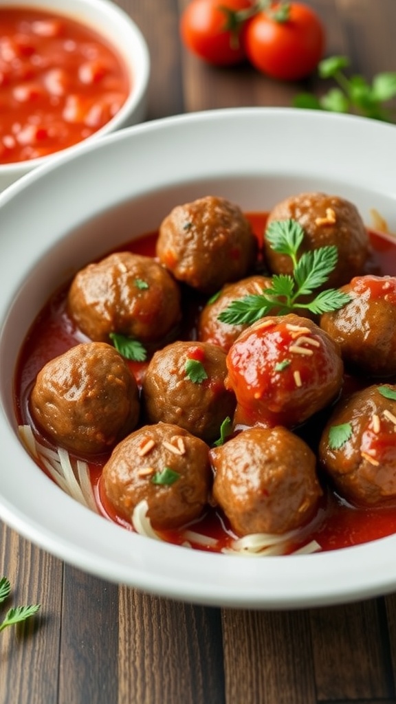 A bowl of keto meatballs in marinara sauce garnished with herbs