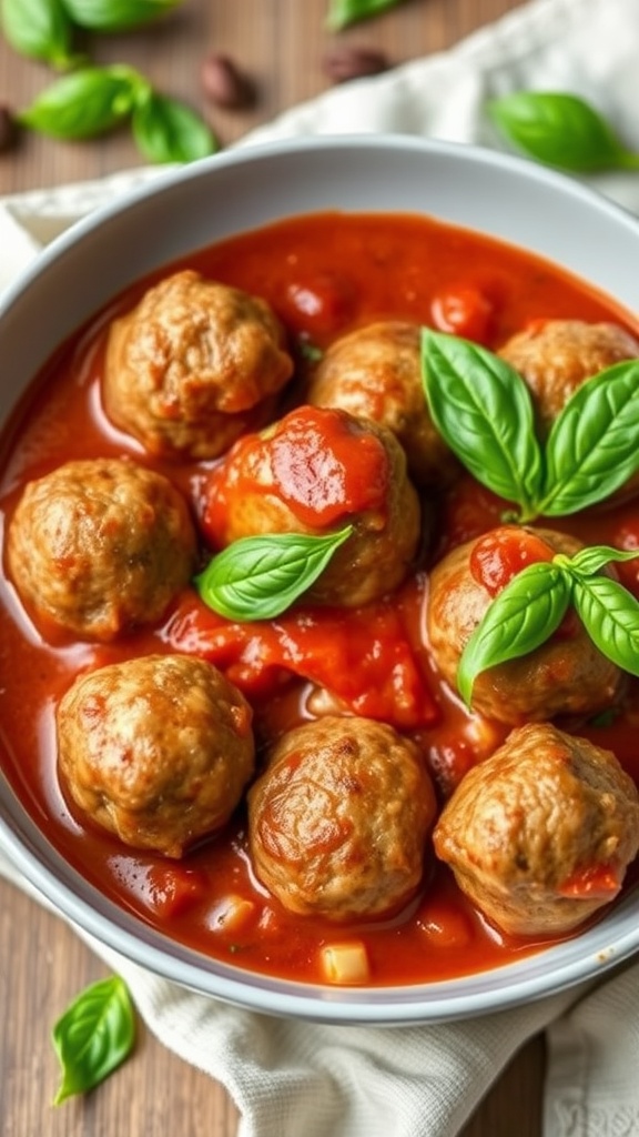 A bowl of keto meatballs in marinara sauce garnished with fresh basil leaves.