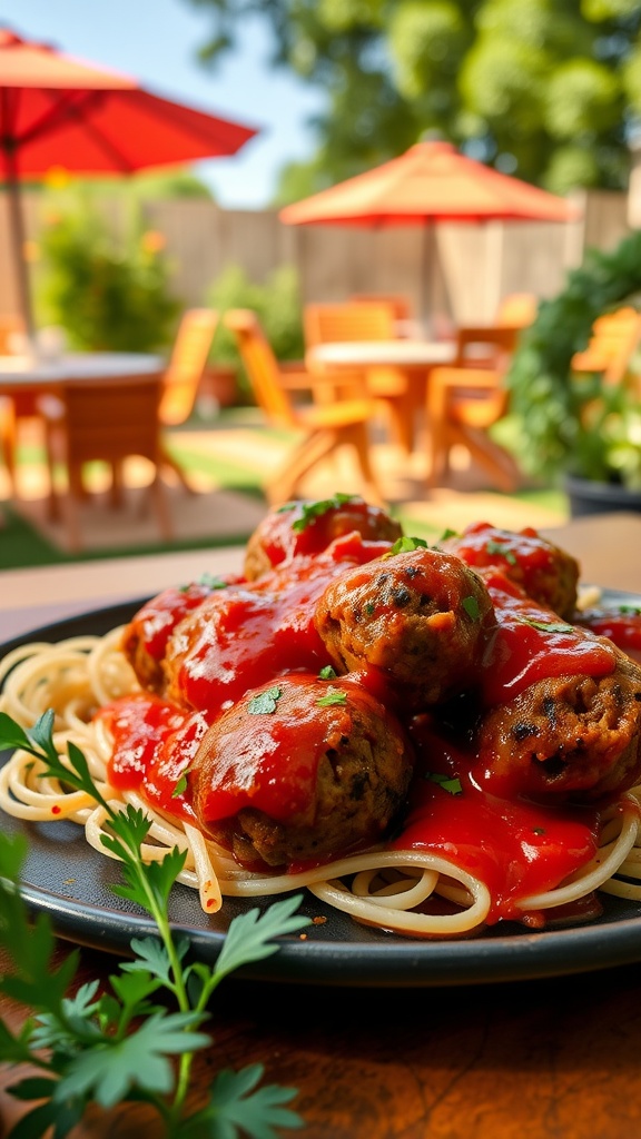 Plate of keto meatballs topped with marinara sauce, garnished with parsley.