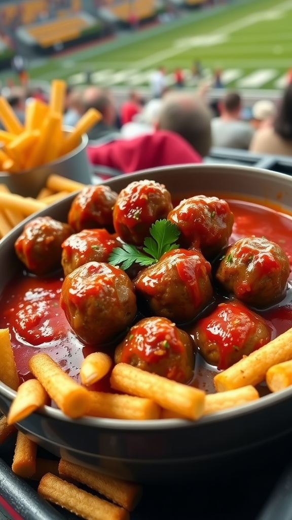 A bowl of keto meatballs in marinara sauce, served with fries at a sporting event.