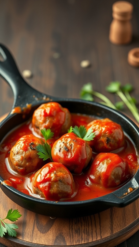 A skillet with keto meatballs in marinara sauce, garnished with parsley.