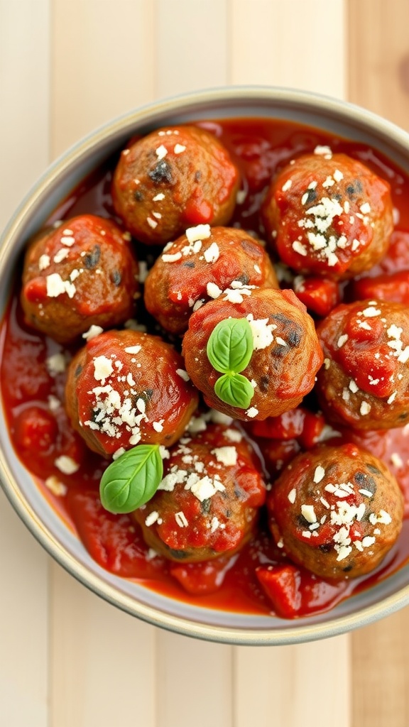 Bowl of keto meatballs topped with marinara sauce and garnished with cheese and basil