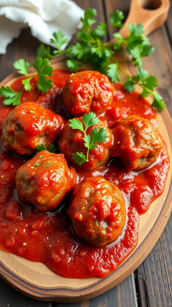 Delicious keto meatballs in marinara sauce garnished with parsley on a wooden platter.