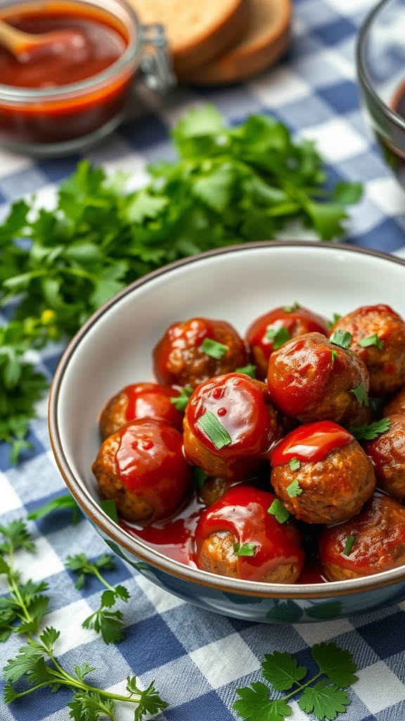 A bowl of keto meatballs topped with sugar-free BBQ sauce, garnished with parsley, on a checkered tablecloth.