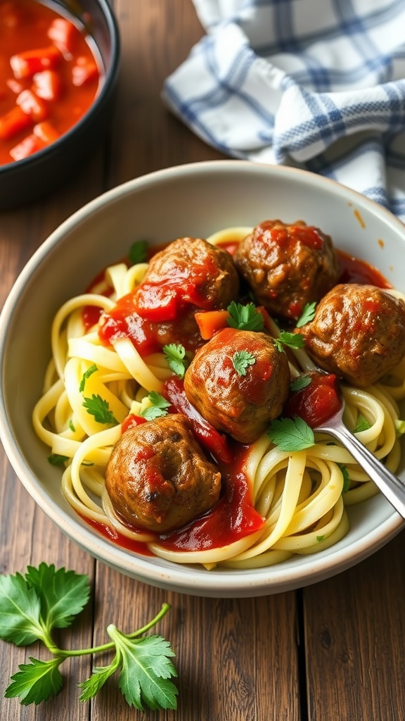 Keto meatballs on zucchini noodles with tomato sauce and parsley.