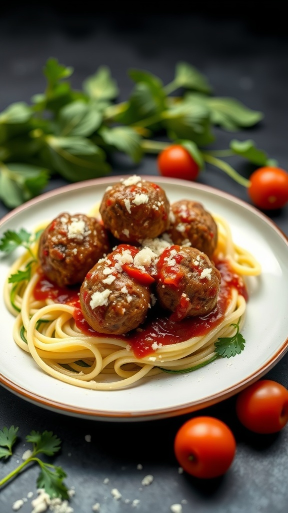 A plate of keto meatballs served with zucchini noodles and topped with sauce and cheese.