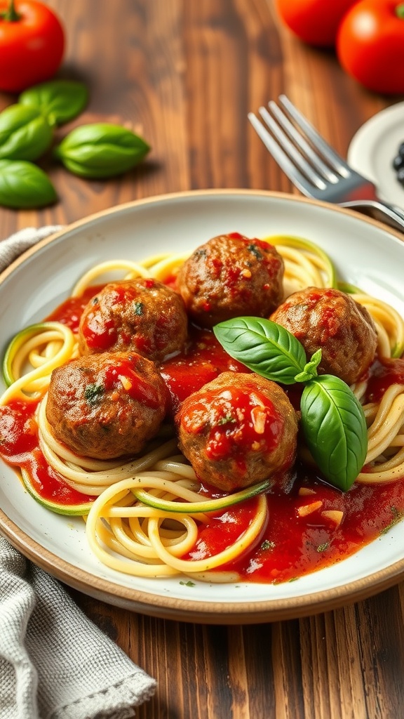 Plate of meatballs and zucchini noodles topped with tomato sauce and basil