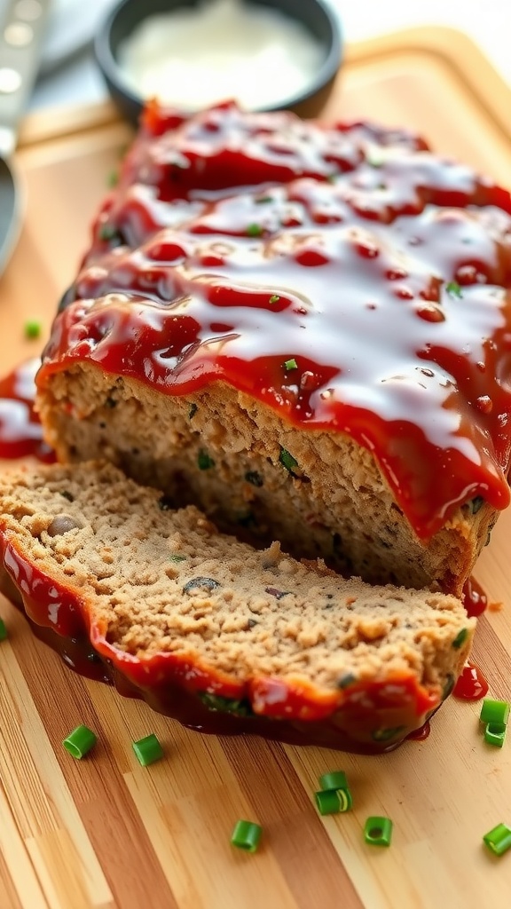 Delicious keto meatloaf topped with glaze, sliced and garnished on a wooden board.