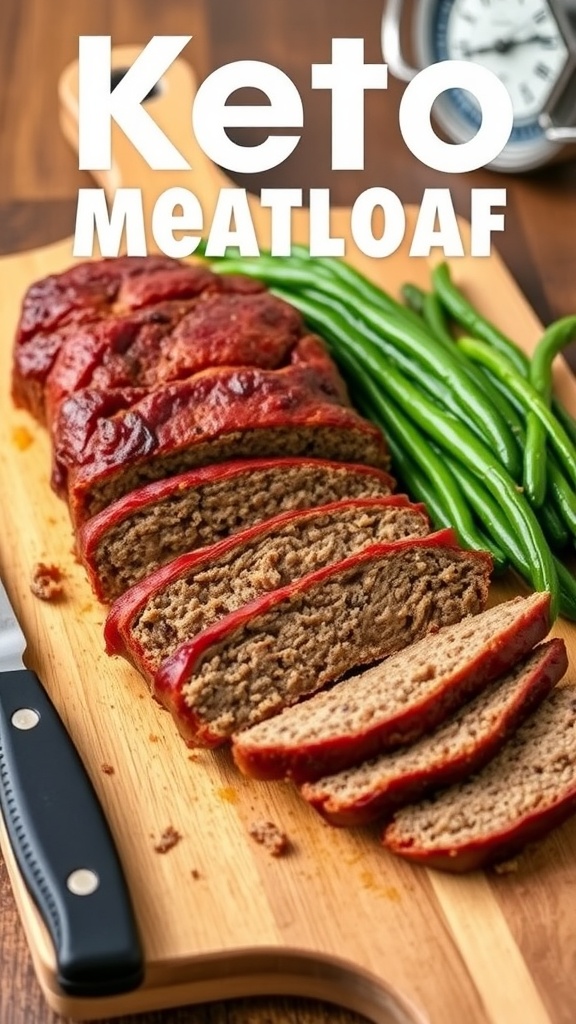 A delicious keto meatloaf sliced and served with green beans on a wooden cutting board.