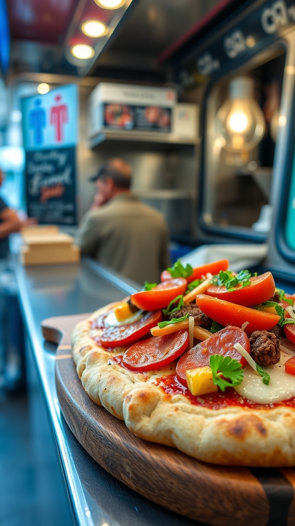 A keto meatza topped with pepperoni, vegetables, and cheese, displayed in a food truck setting.