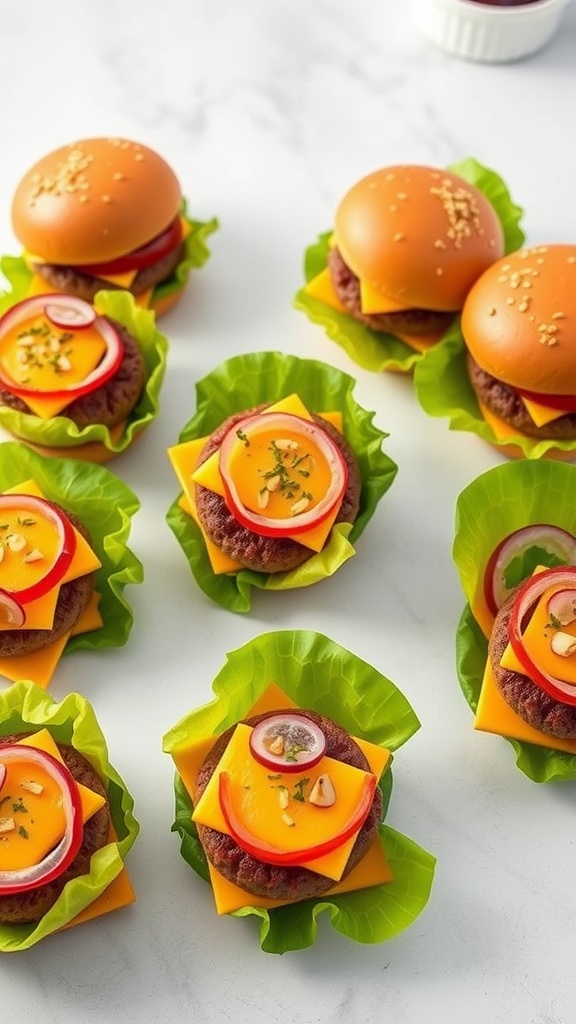 A plate of colorful keto mini burgers with lettuce wraps, cheese, and toppings.