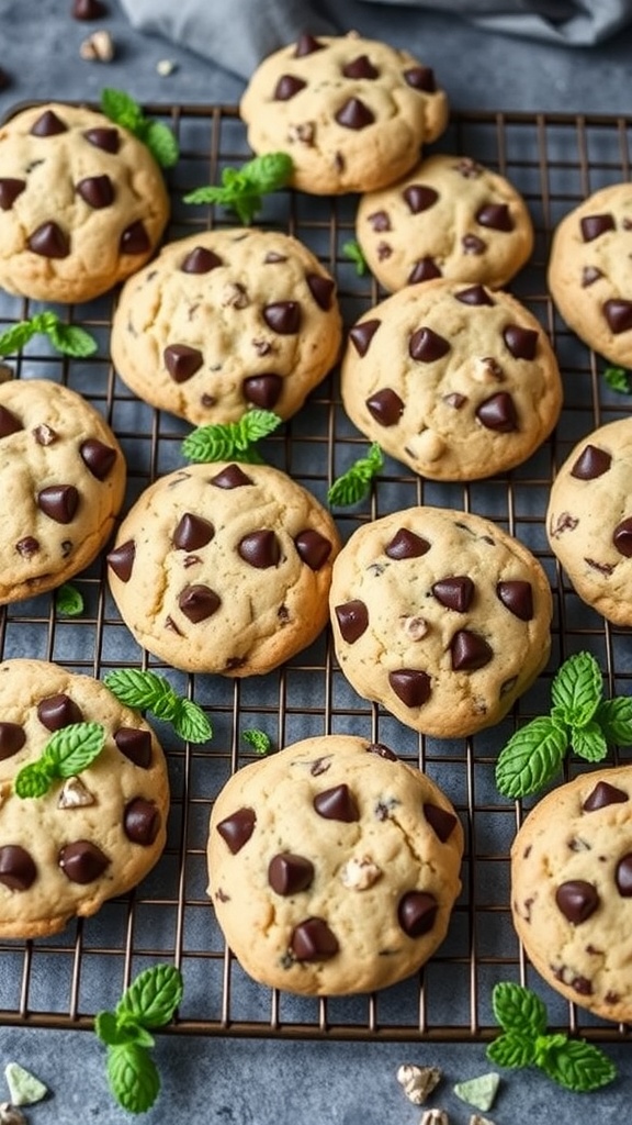 Freshly baked keto mint chocolate chip cookies on a cooling rack with mint leaves.