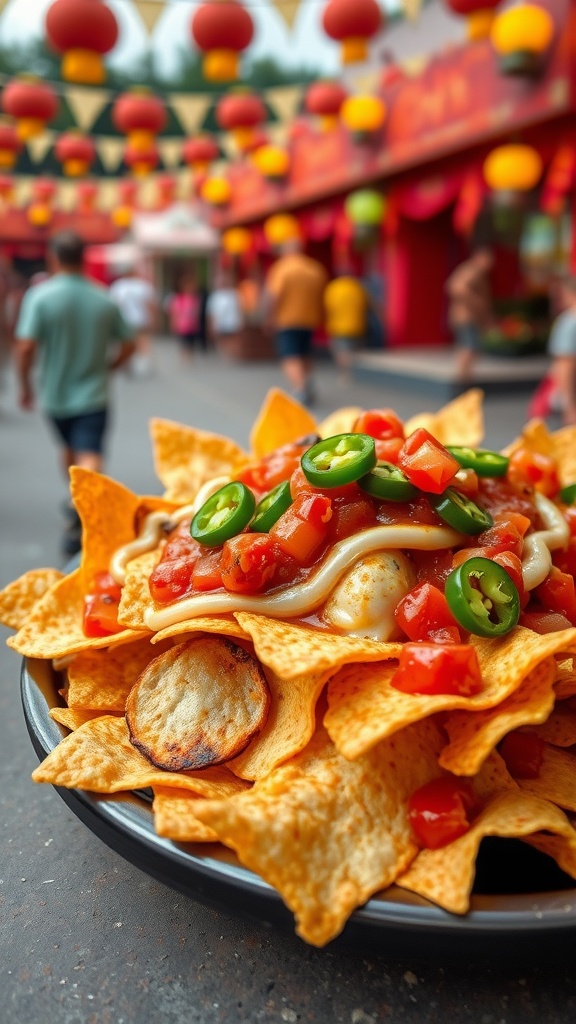 A plate of keto nachos topped with cheese, salsa, and jalapeños at a street festival.