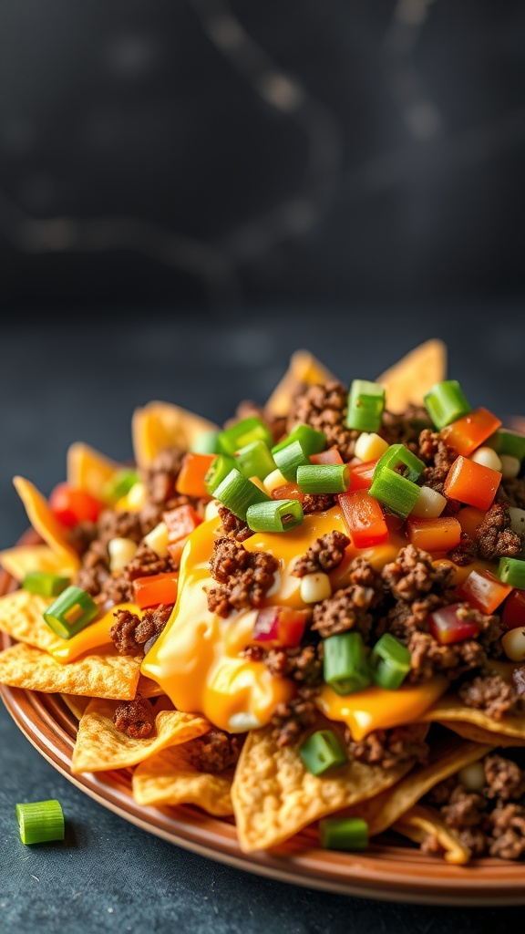 A plate of keto nachos topped with ground beef, cheese, and colorful vegetables.