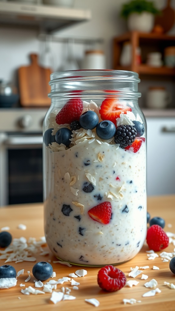 A jar of keto overnight oats topped with coconut flakes and mixed berries.